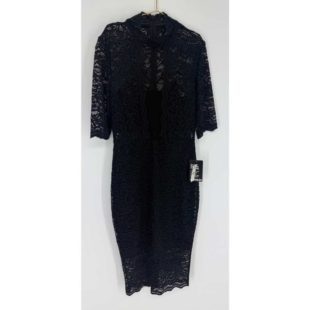 NEW NWT Express BLK Lace Midi Dress Sz 2 Mock Neck Lined Sheer Cutouts